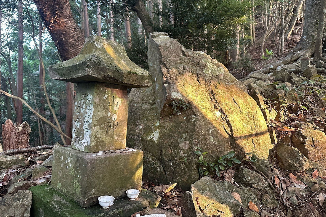 山神様に手を合わせながら夏の低山を歩く